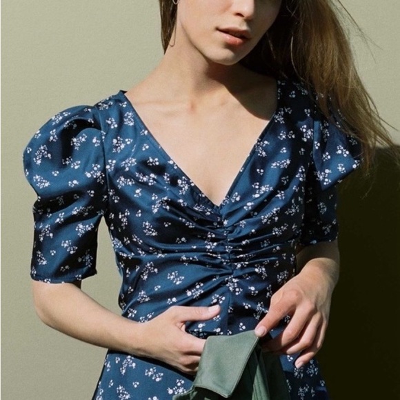 Ciao Lucia Tatiana Silk Mini Dress L Navy Floral Ruched Puff Sleeve Made in LA - Picture 2 of 8